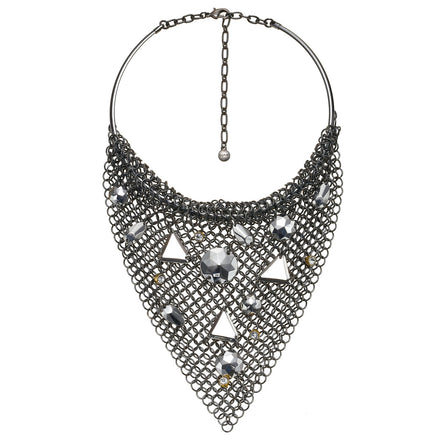 Hematite-Tone Metal Faceted Silver And Crystal Teardrop Choker Necklace