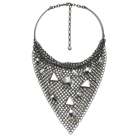 Hematite-Tone Metal Faceted Silver And Crystal Teardrop Choker Necklace