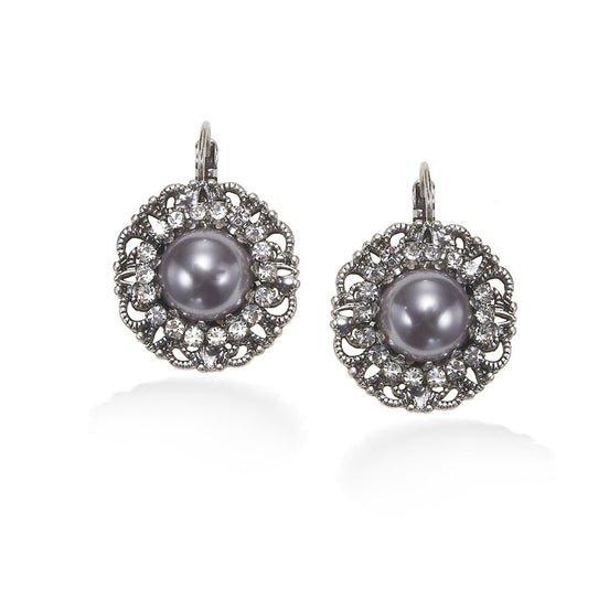 Silver-Tone Metal Grey Pearl White Crystal Filiigree French Clasp Earrings