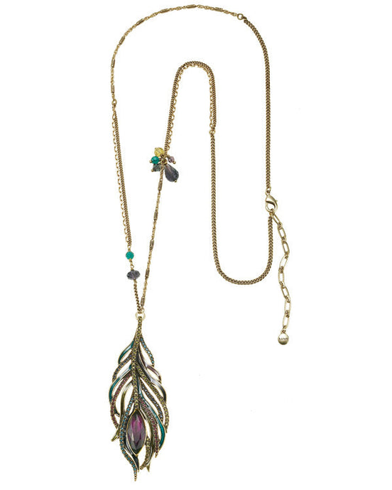 Gold-Tone Metal Multi Color Peacock Feather Crystal Necklace