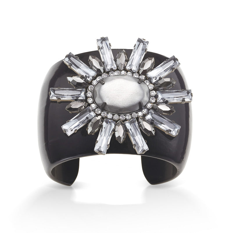 Silver-Tone Metal Faceted Crystal Black Cuff