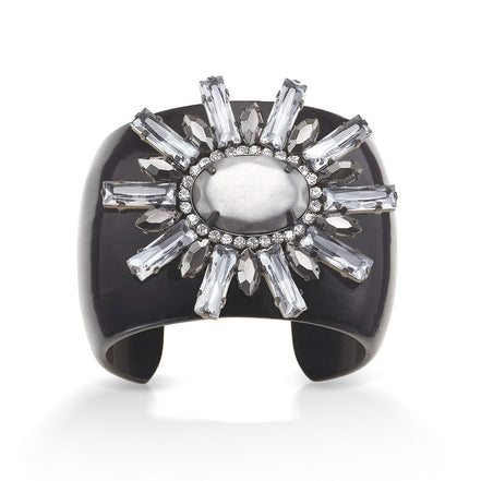 Silver-Tone Metal Faceted Crystal Black Cuff