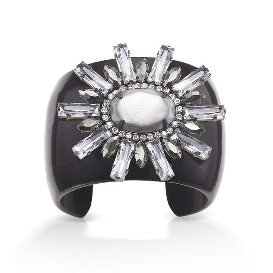 Silver-Tone Metal Faceted Crystal Black Cuff