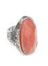 Silver-Tone Metal Flower Engraving Peach Faceted Oval Stone Rings