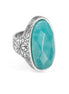 Silver-Tone Metal Flower Carving Turquoise Ring