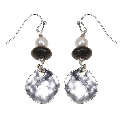 Silver-Tone Metal White Pearl Black Bead Drop Earrings