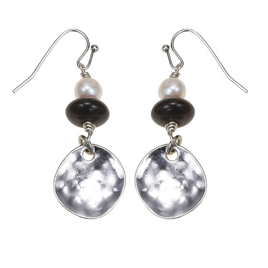 Silver-Tone Metal White Pearl Black Bead Drop Earrings