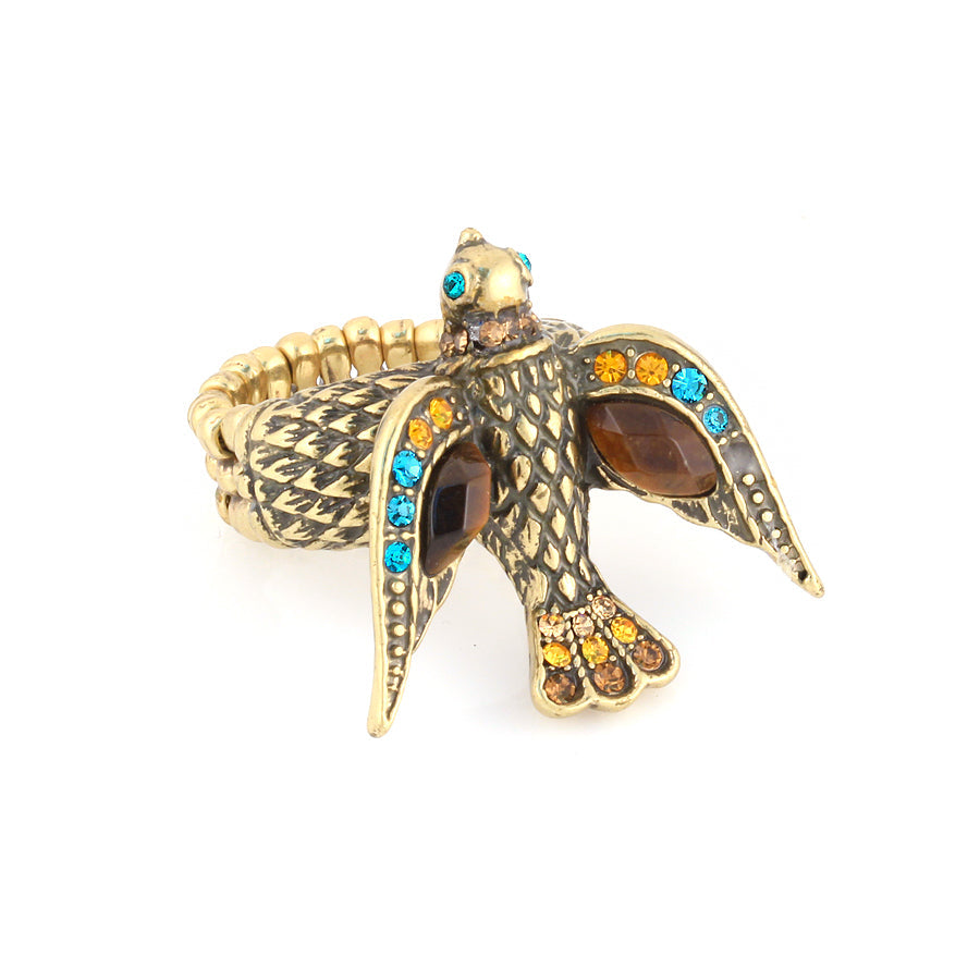 Gold-Tone Multi Color Crtstal Bird Stretch Ring