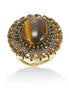 Gold-Tone Metal Tiger'S Eye Stone Black And White Crystal Adjustable Ring