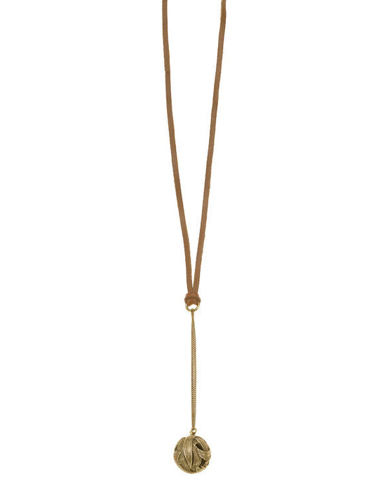 Gold-Tone Metal Round Feather Pendant Brown Lather Necklaces