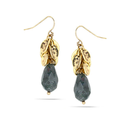 Gold-Tone Metal Charm Green Stone Drop Earrings
