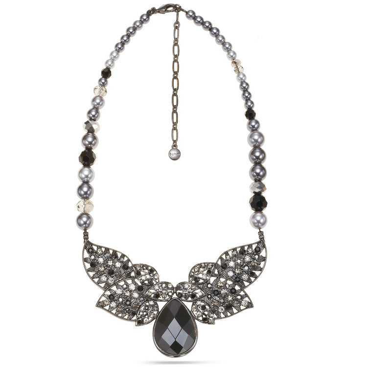 Hematite-Tone Metal Black Crystals And Grey Pearl Necklace