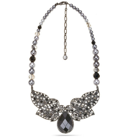 Hematite-Tone Metal Black Crystals And Grey Pearl Necklace