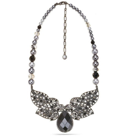 Hematite-Tone Metal Black Crystals And Grey Pearl Necklace