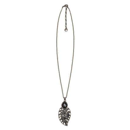 Hematite -Tone Metal Faceted Black Stone Crystal Drop Necklace