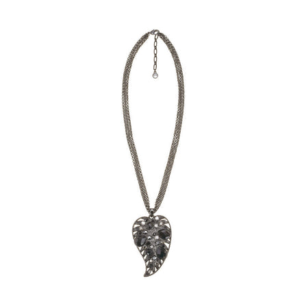 Hematite-Tone Metal Black Faceted Stone Metal White Crystal Necklace