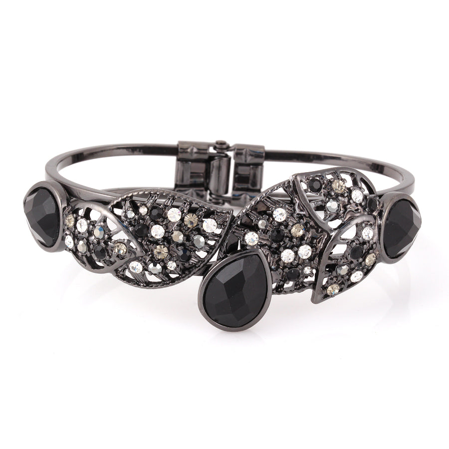 Hematite-Tone Metal Black And White Crystal Hinged Bracelets