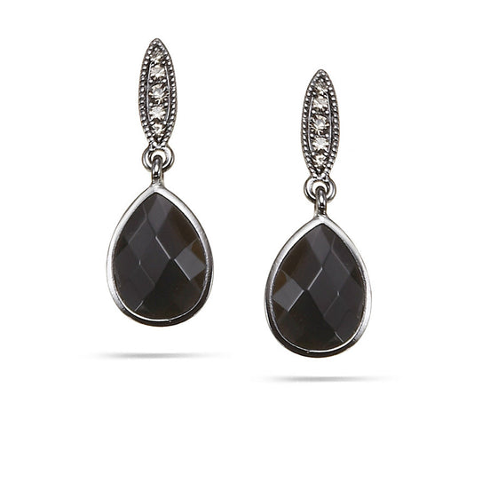 Silver-Tone Metal Black And White Crystal  Tear Drop Earrings