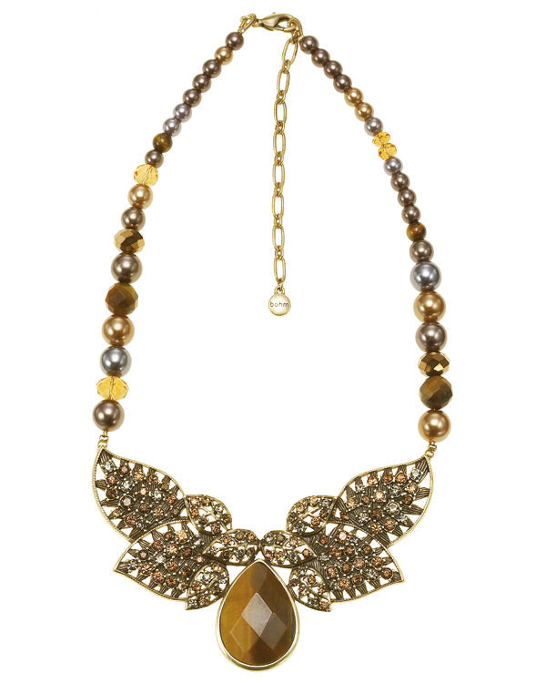 Gold-Tone Metal Tiger Eye Stone Pearl Beads Gold And Brown Crystal Necklace