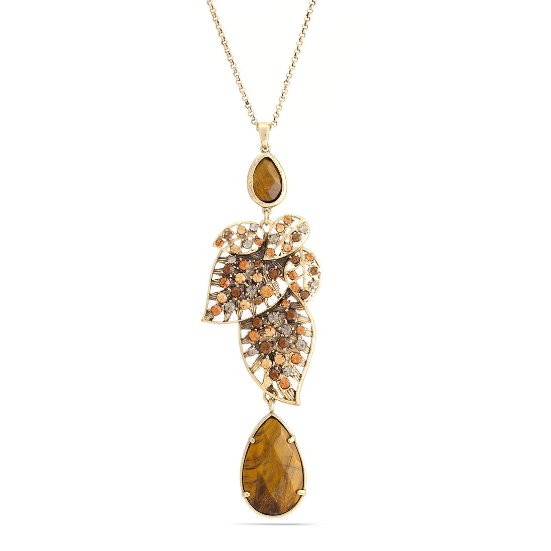 Gold-Tone Metal Tiger Eye Stone Gold And Brown Crystal Necklace