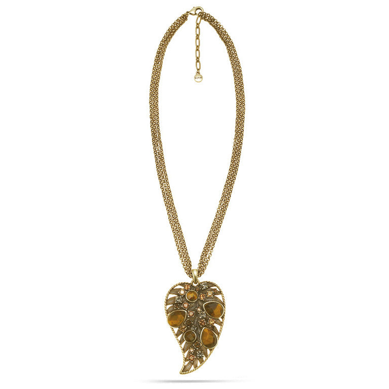 Gold-Tone Metal Tiger'S Eye Stone And Mix Crystal Leaf Pendant Neckalace