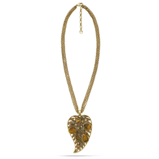 Gold-Tone Metal Tiger'S Eye Stone And Mix Crystal Leaf Pendant Neckalace
