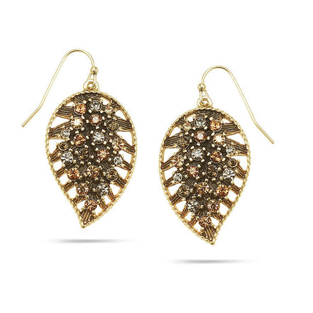 Gold-Tone Metal Leaf Crystal Drop Earrings