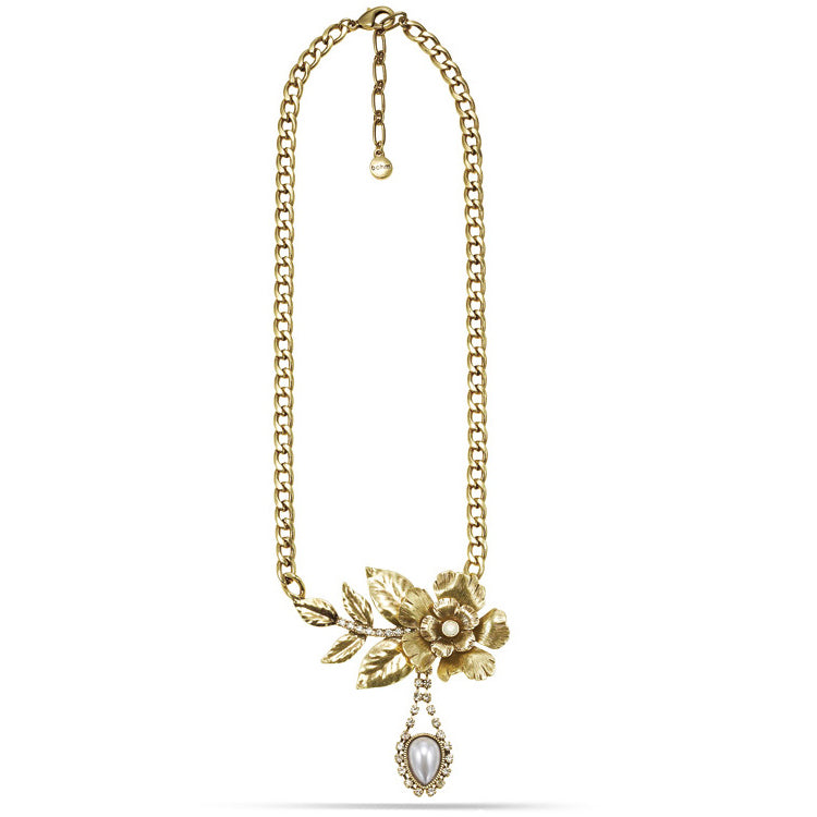 Gold-Tone Metal Flower Pearl And White Crystal Necklace