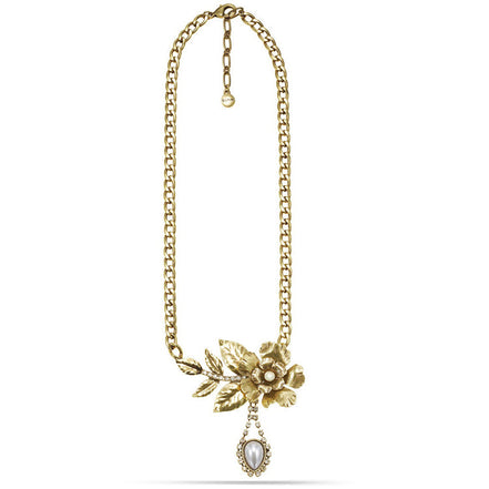 Gold-Tone Metal Flower Pearl And White Crystal Necklace