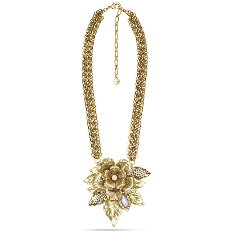 Gold-Tone Metal Flower Pearl And White Crystal Necklace