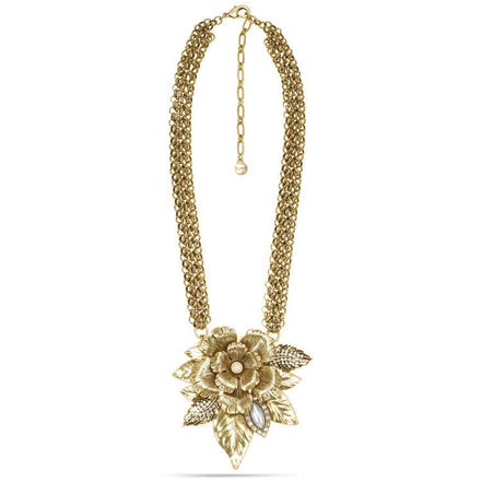Gold-Tone Metal Flower Pearl And White Crystal Necklace