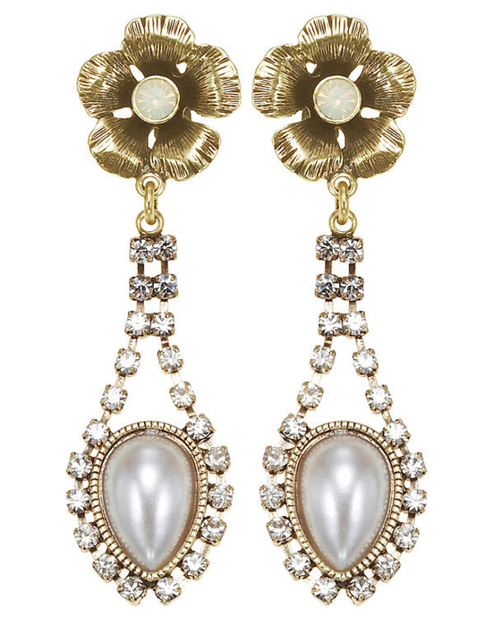 Gold-Tone Metal Flower Pearl Crystal Drop Earrings