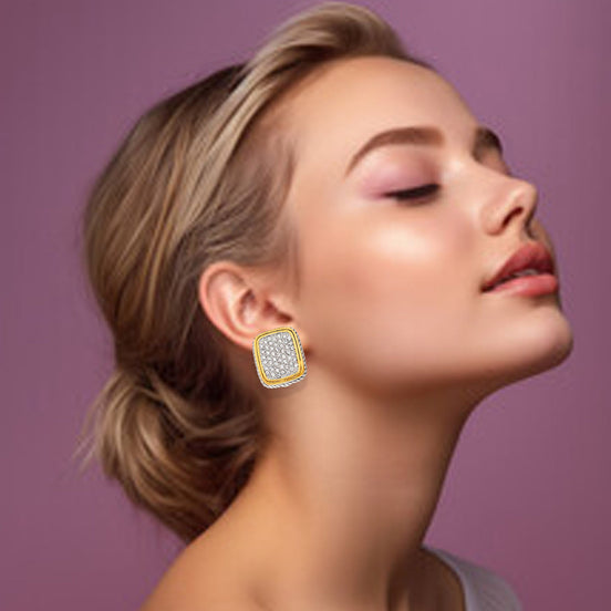 TWO TONE CRYSTAL PAVE POST EARRINGS #12504ERTT-SIL (FC16)