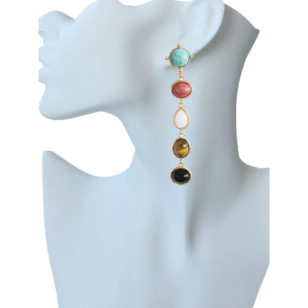 Gold Multi Turquoise, Tiger's Eye and Mother Of Pearl Drop Earrings #GFE5731-1