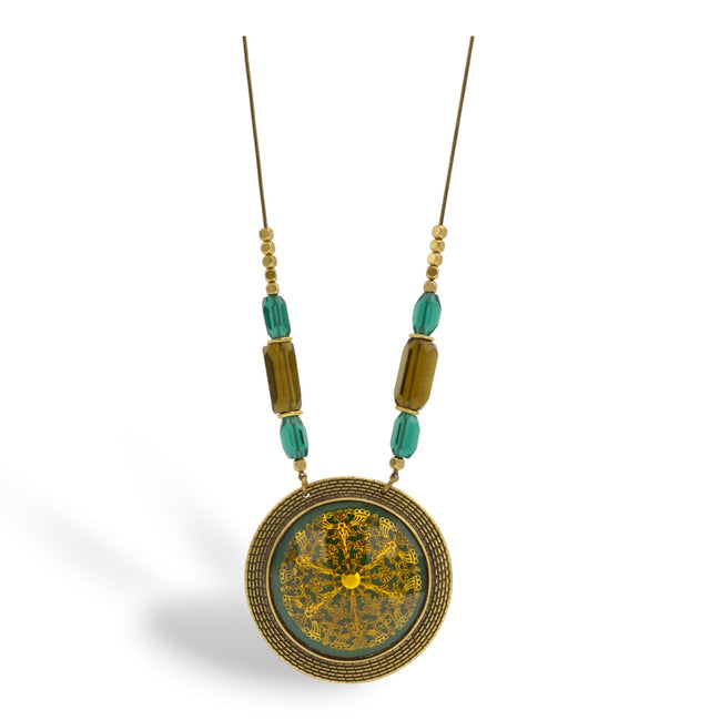 Antique Gold Flower Green Round Faceted Pendant Green And Smokey Beads  Necklaces #195TL1101 (2C2/4B1)
