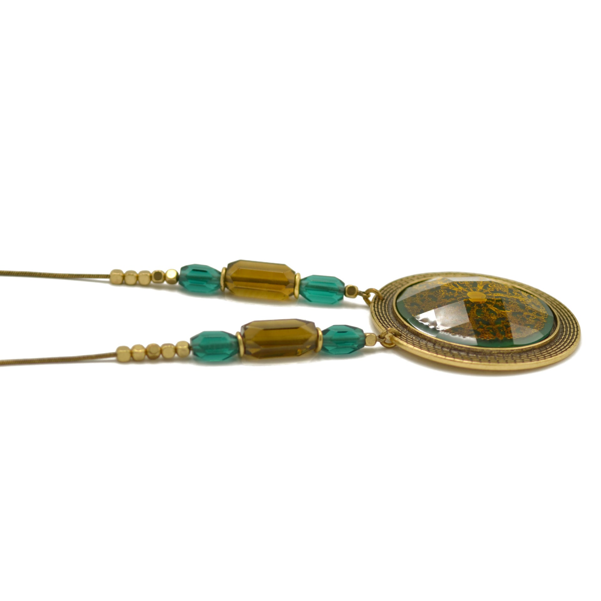 Antique Gold Flower Green Round Faceted Pendant Green And Smokey Beads  Necklaces #195TL1101 (2C2/4B1)