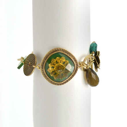 Antique Gold Flower Green Faceted Pendant Green And Smokey Beads bracelet# 195TL21 (2C2/4B4)