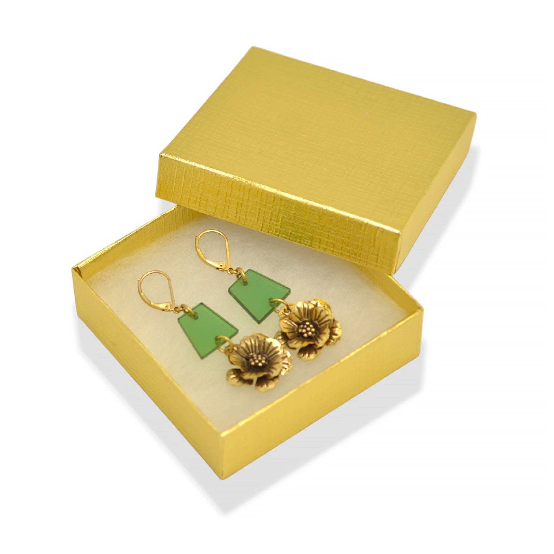Antique Gold Flower Green Drop Earrings #195TL3101 (2C2)