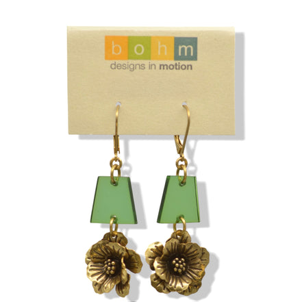 Antique Gold Flower Green Drop Earrings #195TL3101 (2C2)