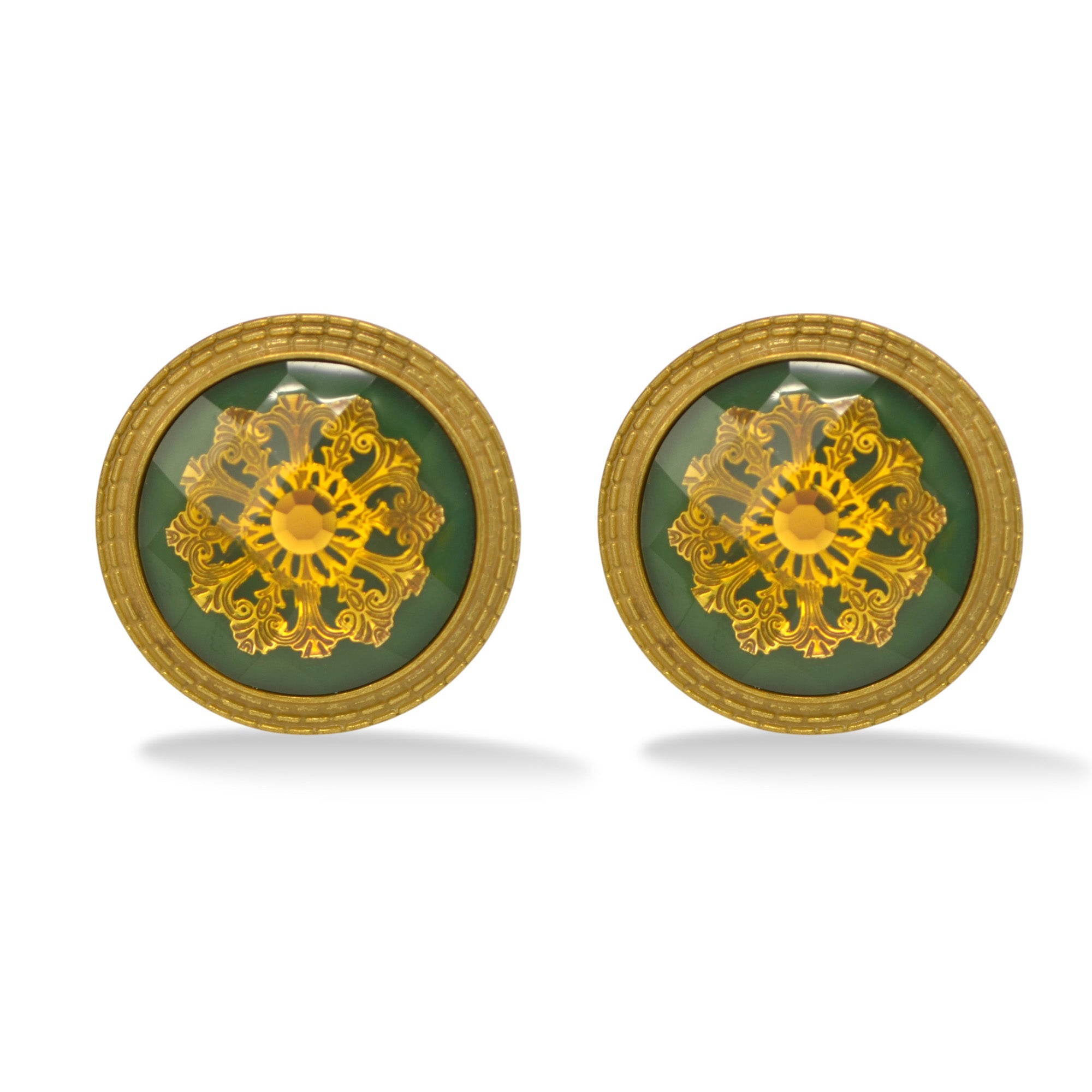 ANTIQUE GOLD GREEN ROUND CLIP EARRINGS #195TL3401 (2C1)