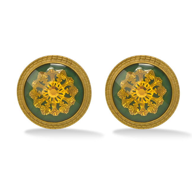 ANTIQUE GOLD GREEN ROUND CLIP EARRINGS #195TL3401 (2C1)
