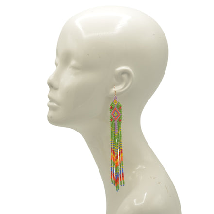 Blue, Black, and White Bohemian Seed Bead Long Tassel Earrings#ER-1159(RE17)