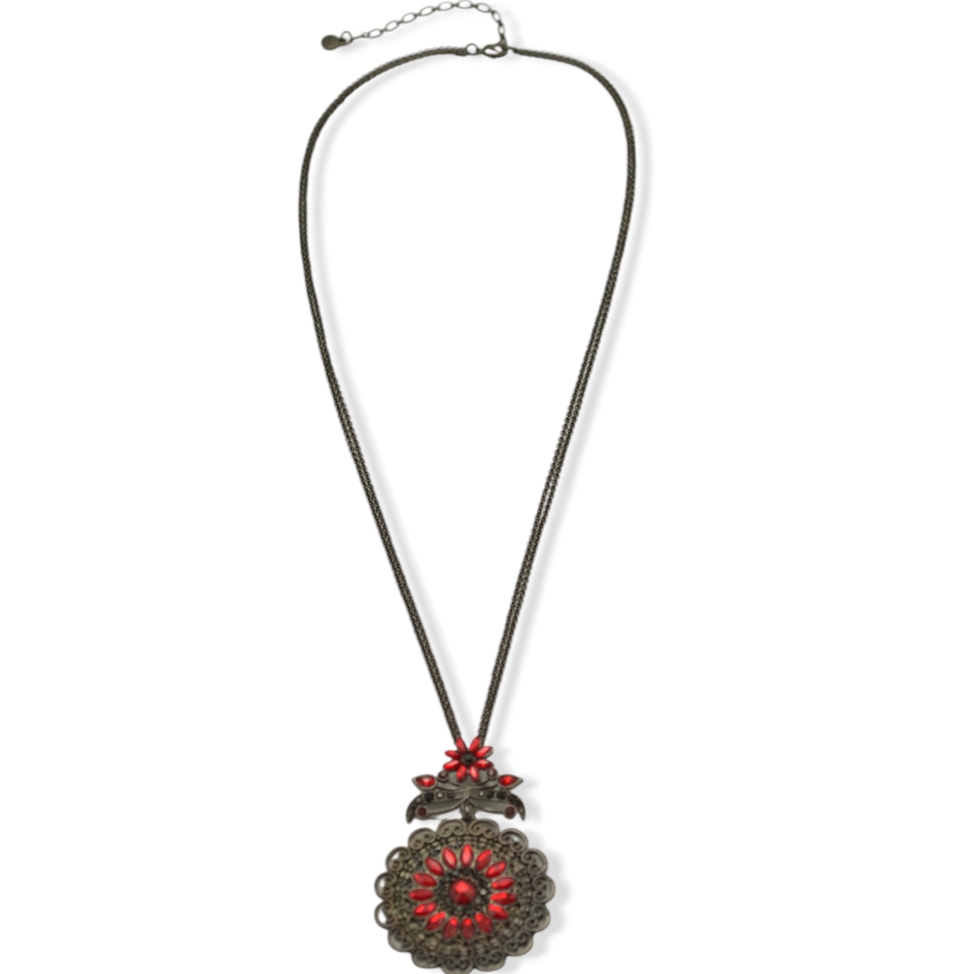 Hematite-Tone Necklace with Red Crystal Filigree Pendant #255RD1501 (1D9/1A5)