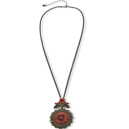 Hematite-Tone Necklace with Red Crystal Filigree Pendant #255RD1501 (1D9/1A5)