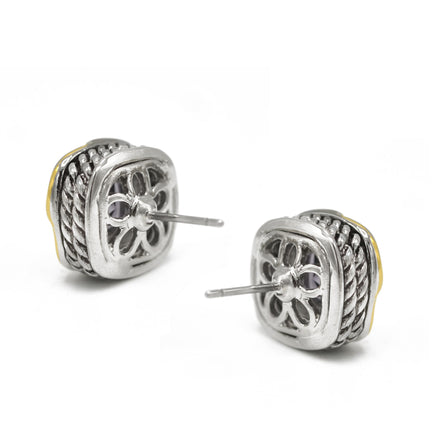 Two-Tone Crystal Square Stud Earrings - Style #23172ER | Available in Multiple Colors: 🔴🟠🔵🟣⚪⚫