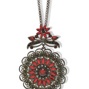 Hematite-Tone Necklace with Red Crystal Filigree Pendant #255RD1501 (1D9/1A5)