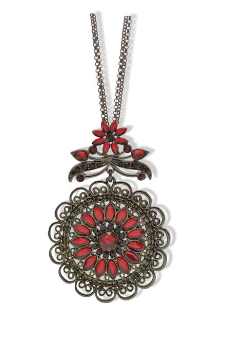 Hematite-Tone Necklace with Red Crystal Filigree Pendant #255RD1501 (1D9/1A5)