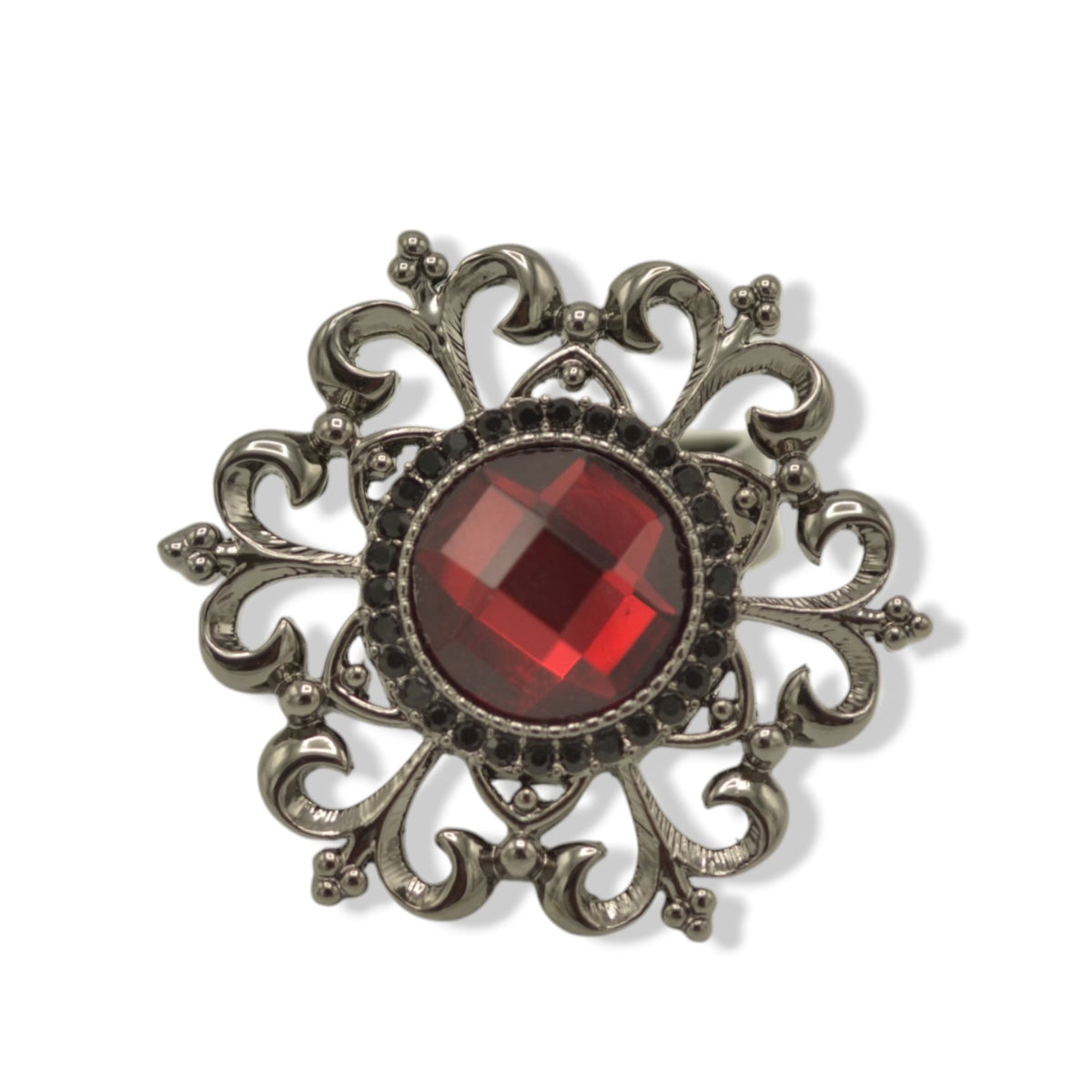 Black-Tone Metal Adjustable Ring with Red Faceted Stone# 255RD51 (1F7)