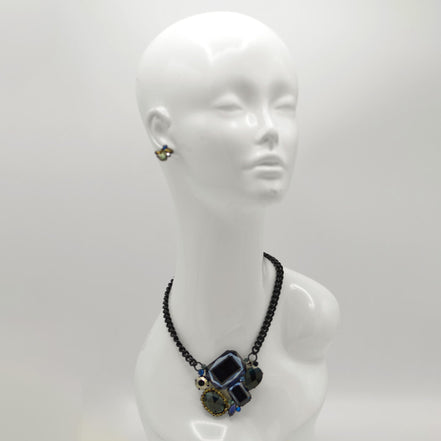 Black Metal Necklace with Multi-Color Faceted Crystals #256BL1101 (1E21)