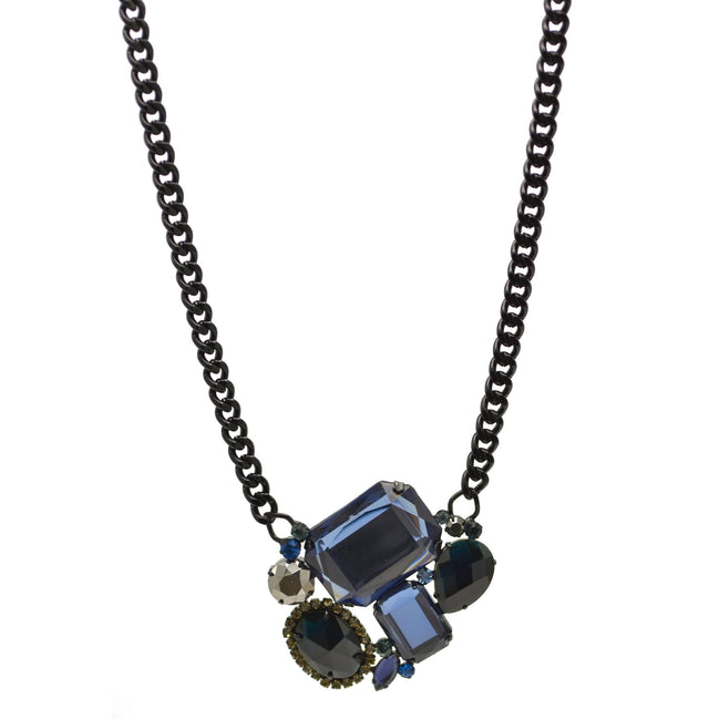 Black Metal Necklace with Multi-Color Faceted Crystals #256BL1101 (1E21)